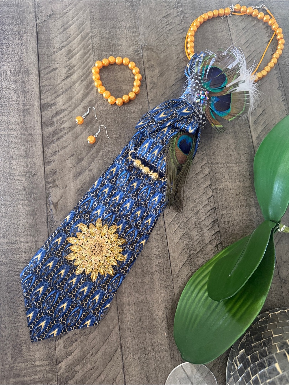 Hand Crafted Blue and Gold Peacock Feather Statement Tie Necklace Set